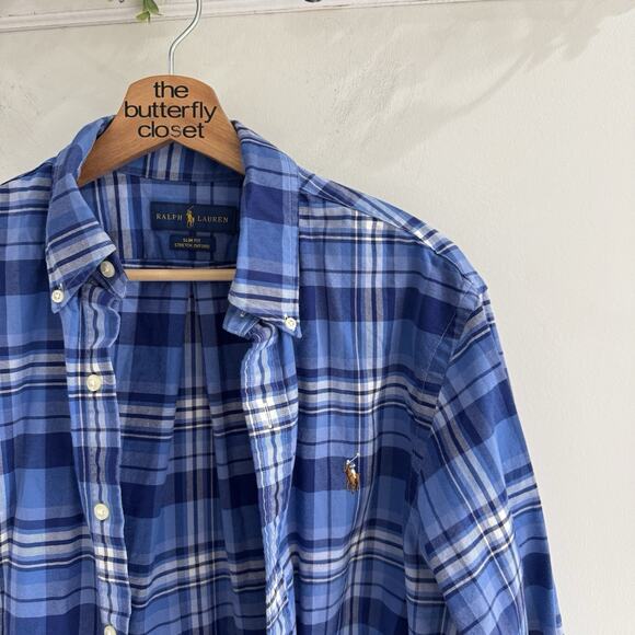 Men’s Ralph Lauren Blue Plaid Button Down Slim Fit Shirt Medium OO2 - Picture 2 of 4